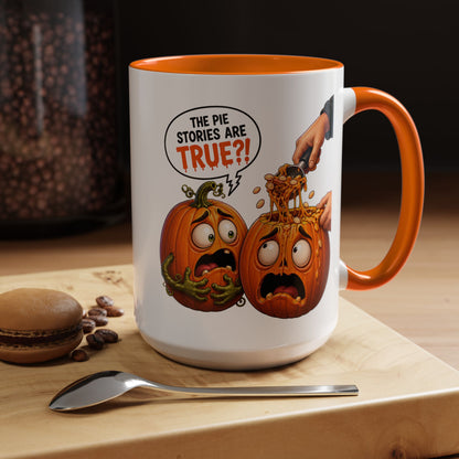 Accent Coffee Mug — Funny Halloween Pumpkin "The Pie Stories Are True?!" v2
