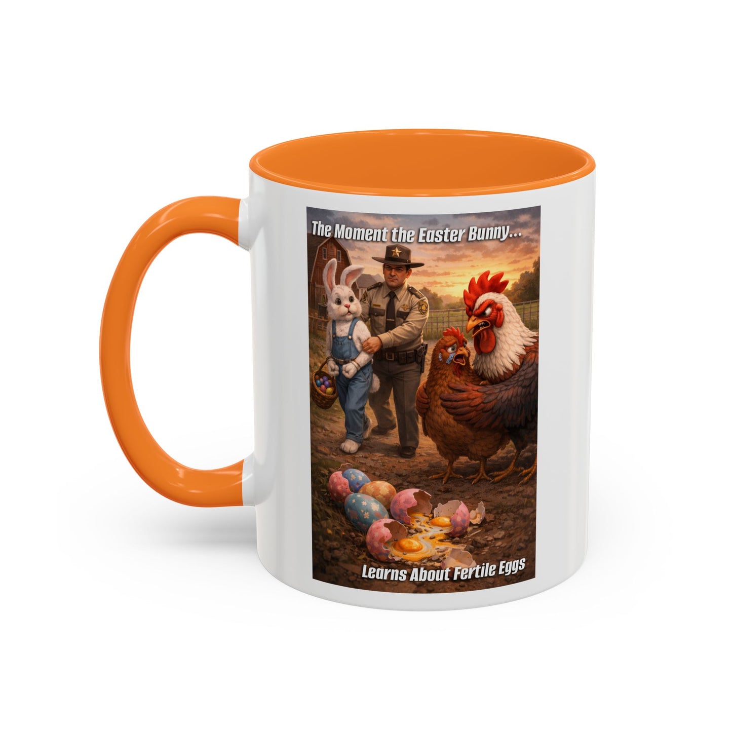 Easter Humor Mug — “The Moment the Easter Bunny Learns About Fertile Eggs” Accent Coffee Cup (11oz/15oz)