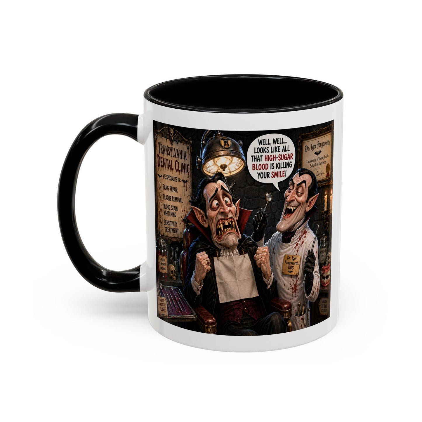 The Count’s Sugar Problem — Funny Vampire Halloween Mug (Accent Colors - Black, Red, Orange, Purple, Pink 11oz/15oz)