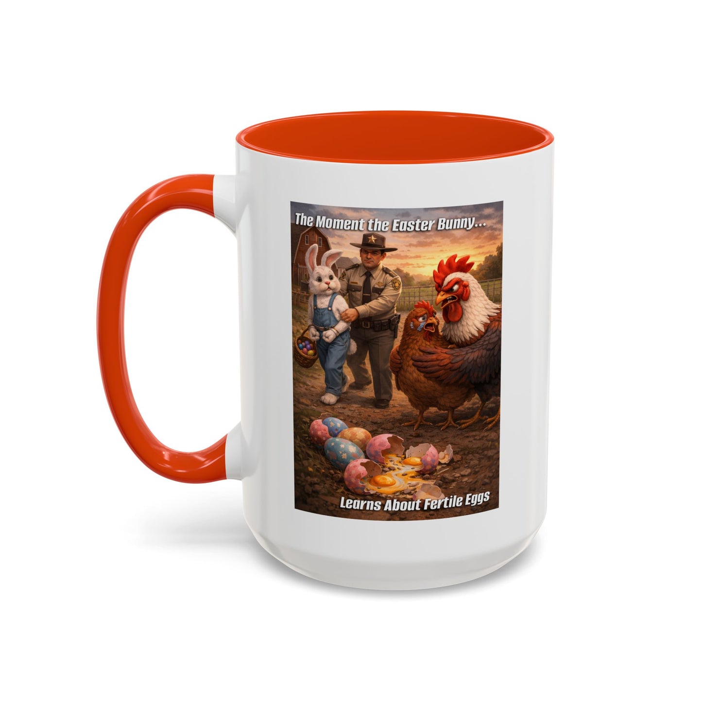 Easter Humor Mug — “The Moment the Easter Bunny Learns About Fertile Eggs” Accent Coffee Cup (11oz/15oz)