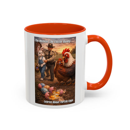 Easter Humor Mug — “The Moment the Easter Bunny Learns About Fertile Eggs” Accent Coffee Cup (11oz/15oz)