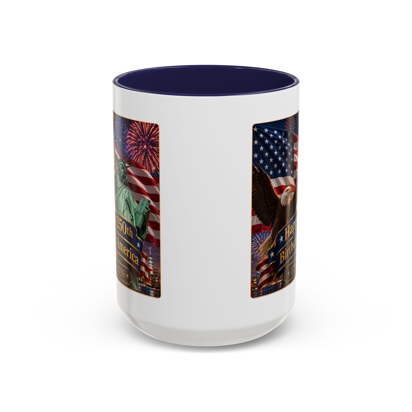 Patriotic Coffee Mug - "Happy 250th Birthday America 1776–2026" - Red or Blue Accent Color