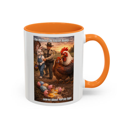 Easter Humor Mug — “The Moment the Easter Bunny Learns About Fertile Eggs” Accent Coffee Cup (11oz/15oz)