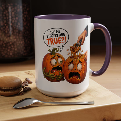 Accent Coffee Mug — Funny Halloween Pumpkin "The Pie Stories Are True?!" v2