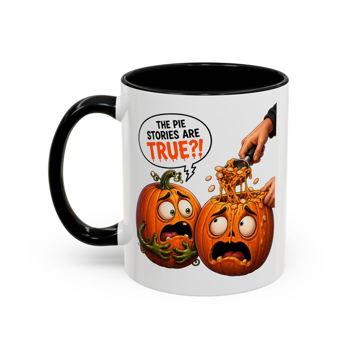Accent Coffee Mug — Funny Halloween Pumpkin "The Pie Stories Are True?!" v2