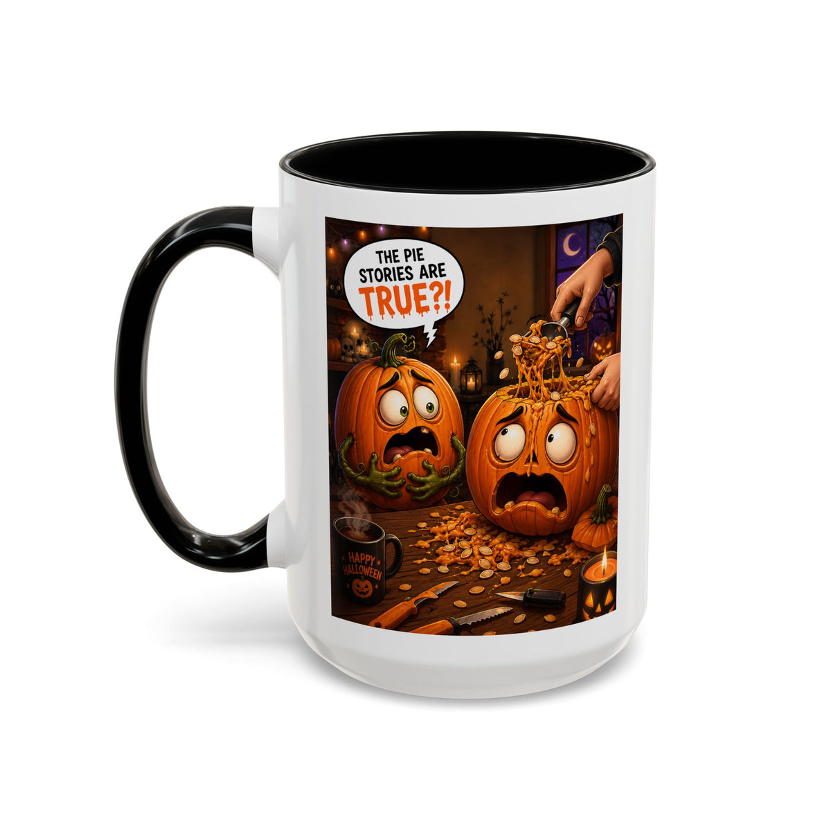 Accent Coffee Mug — Funny Halloween Pumpkin "The Pie Stories Are True?!"