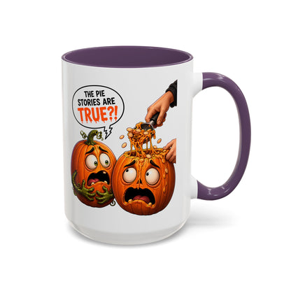 Accent Coffee Mug — Funny Halloween Pumpkin "The Pie Stories Are True?!" v2