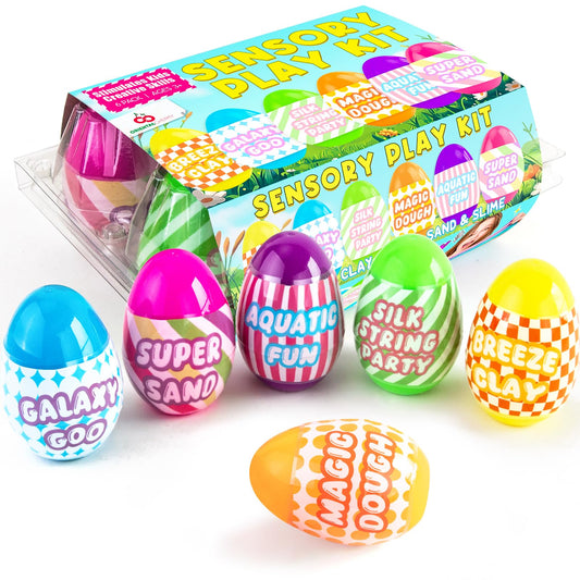 6 Pack Prefilled Eggs with Slime Play Sand Air Dry Clay Dough - Easter Basket Stuffers