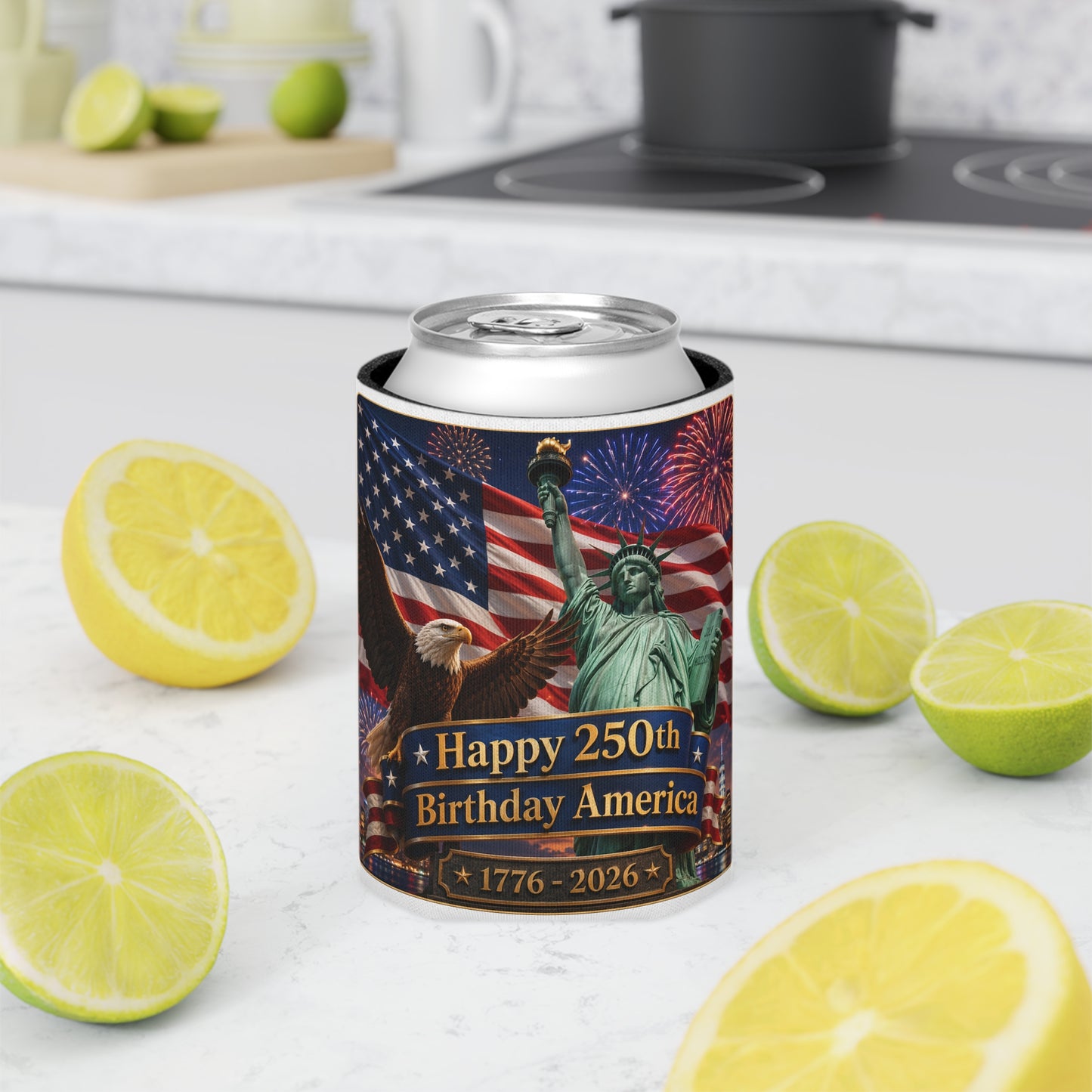 Happy 250th Birthday America Can Cooler – "Happy 250th Birthday America 1776–2026" Patriotic Beer or Soda Koozie