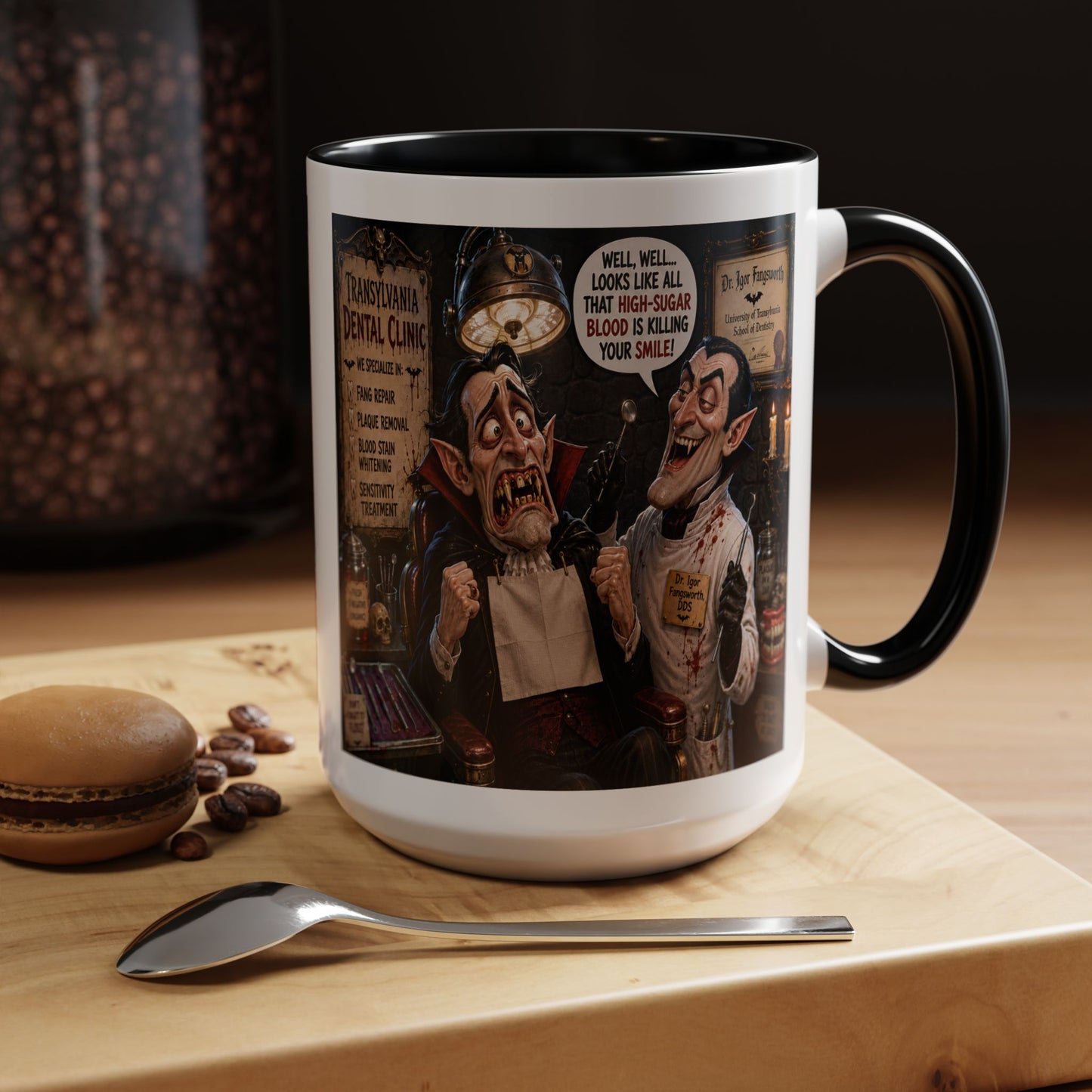 The Count’s Sugar Problem — Funny Vampire Halloween Mug (Accent Colors - Black, Red, Orange, Purple, Pink 11oz/15oz)