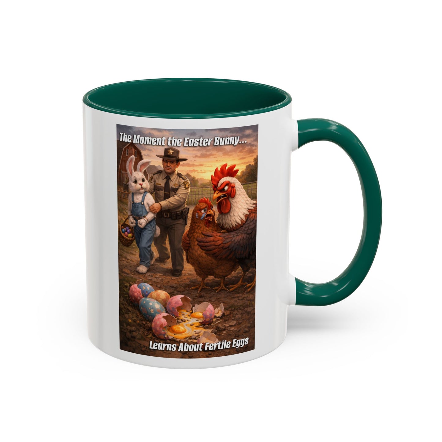 Easter Humor Mug — “The Moment the Easter Bunny Learns About Fertile Eggs” Accent Coffee Cup (11oz/15oz)