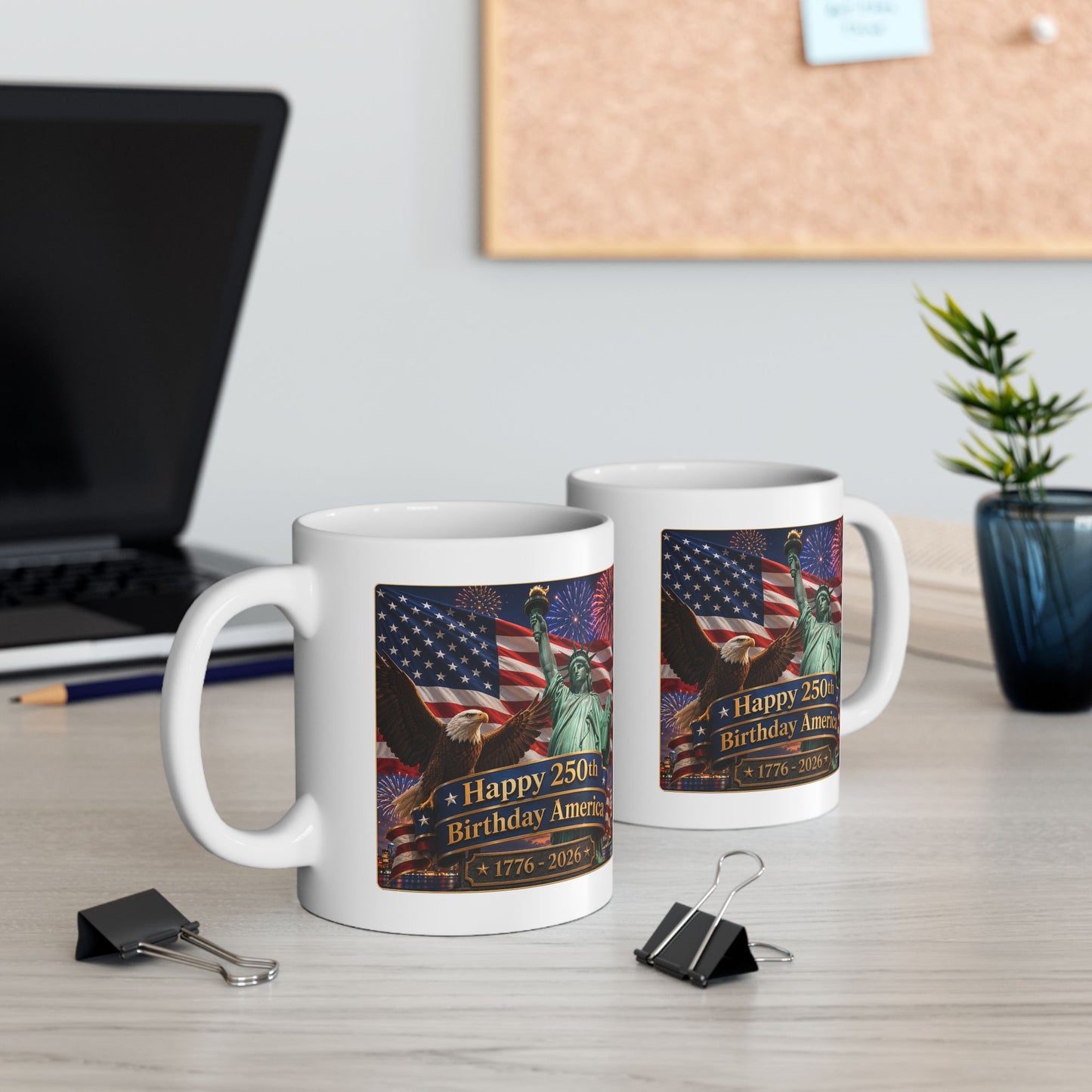 Patriotic Coffee Mug - "Happy 250th Birthday America 1776–2026" - White 11/15oz