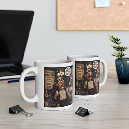 Two white ceramic mugs with 
"The Count’s Sugar Problem" funny vampire Halloween graphic, displayed on a light wood desk in an office setting with a laptop, binder clips, and a plant in the background.