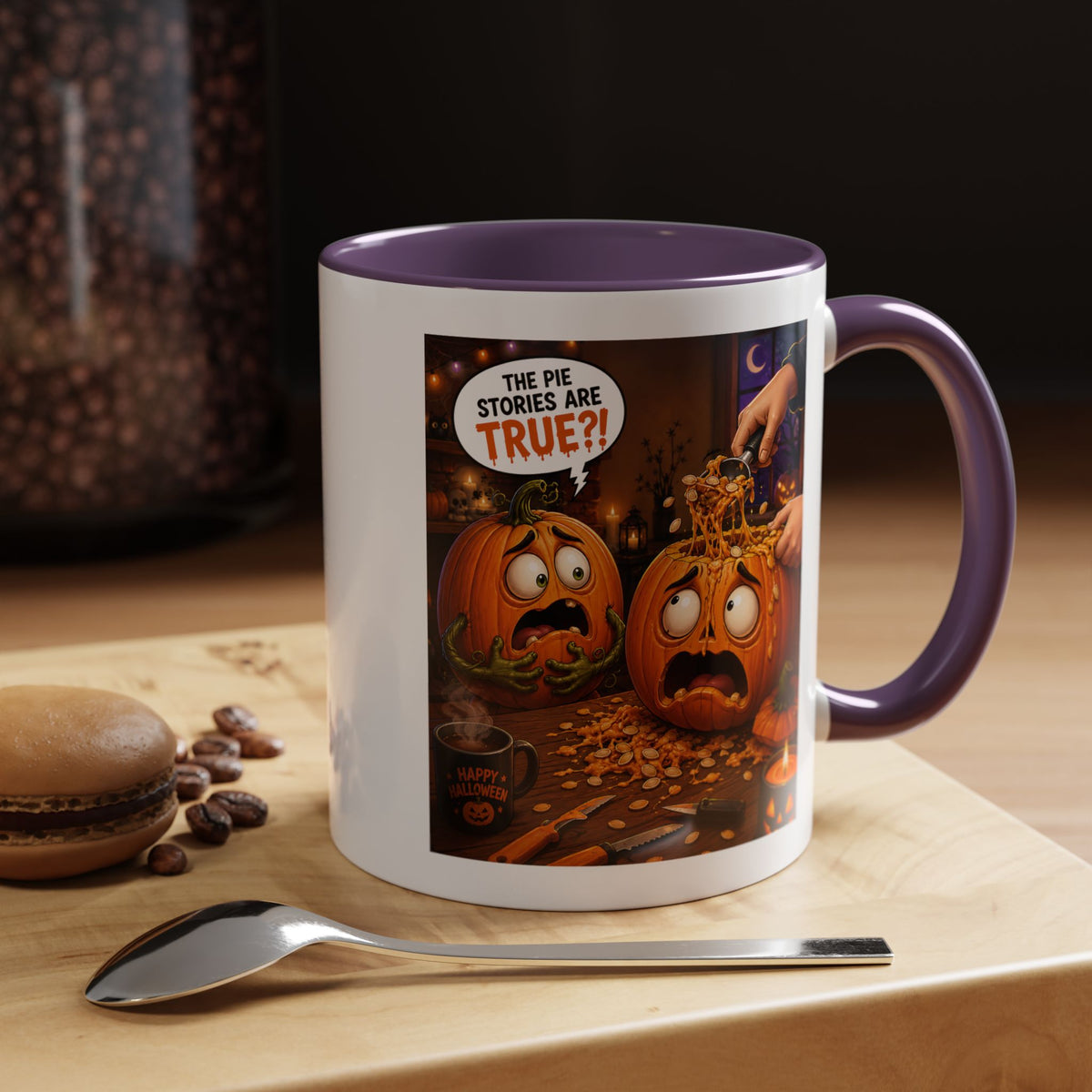 Accent Coffee Mug — Funny Halloween Pumpkin "The Pie Stories Are True?!"