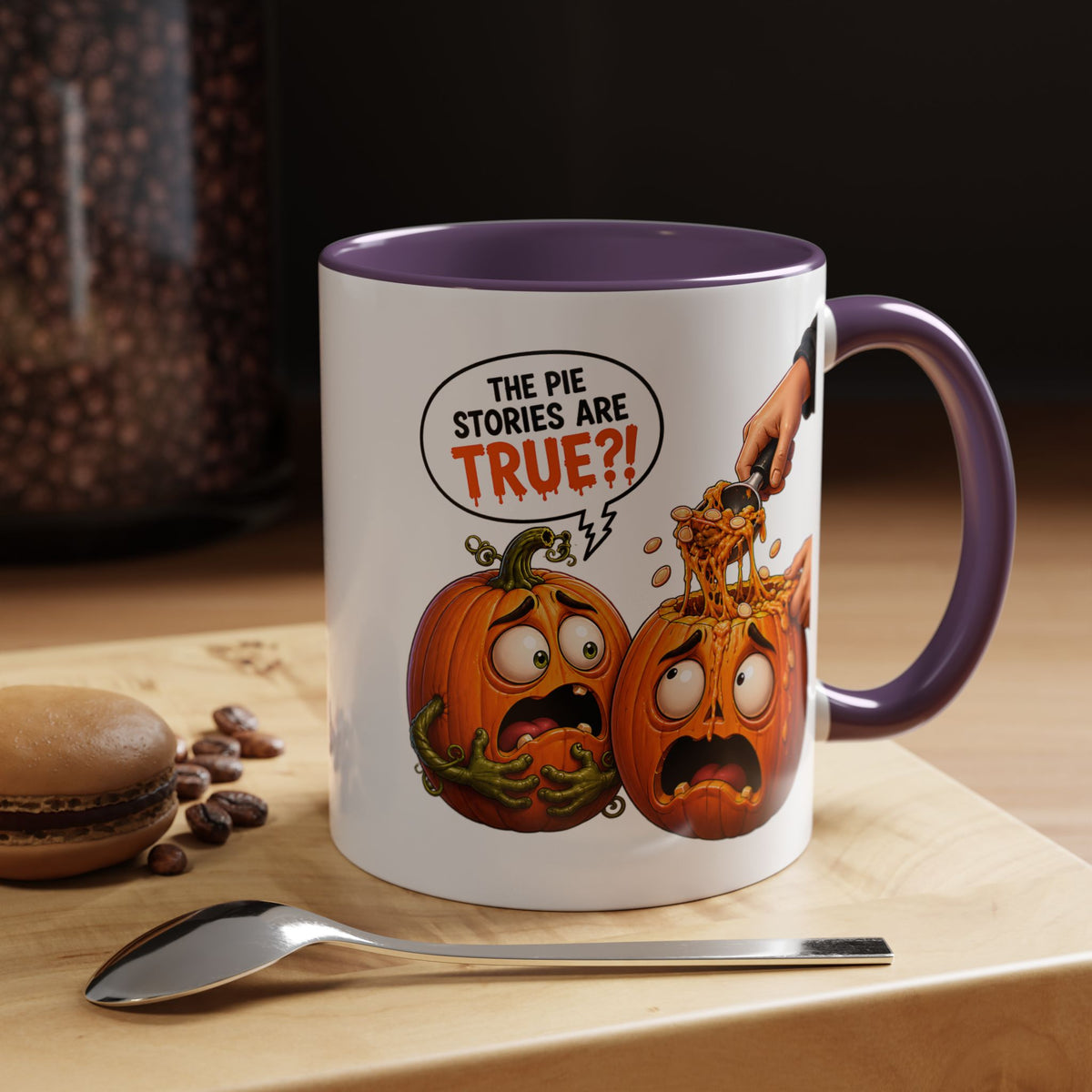 Accent Coffee Mug — Funny Halloween Pumpkin "The Pie Stories Are True?!" v2