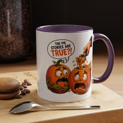 Accent Coffee Mug — Funny Halloween Pumpkin "The Pie Stories Are True?!" v2