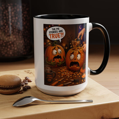 Accent Coffee Mug — Funny Halloween Pumpkin "The Pie Stories Are True?!"