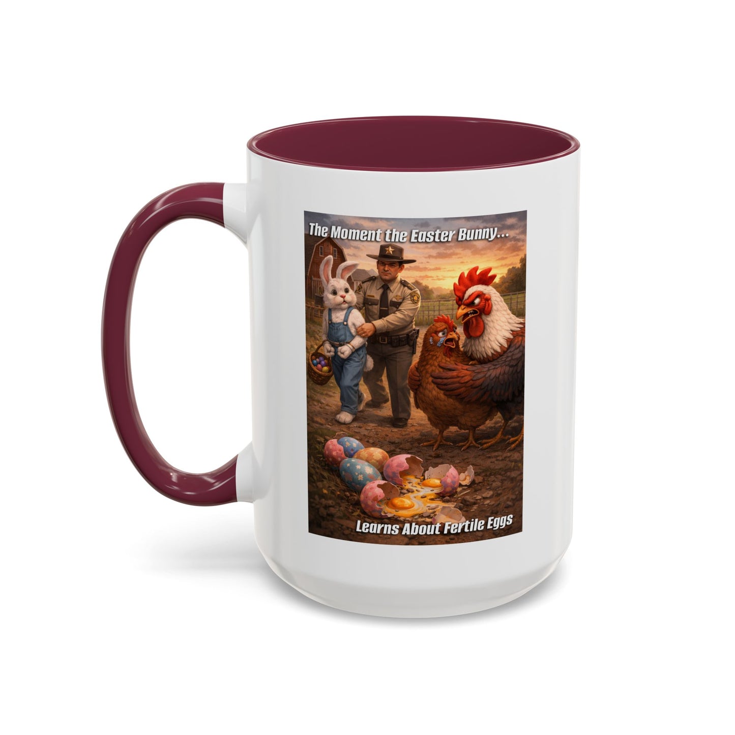 Easter Humor Mug — “The Moment the Easter Bunny Learns About Fertile Eggs” Accent Coffee Cup (11oz/15oz)
