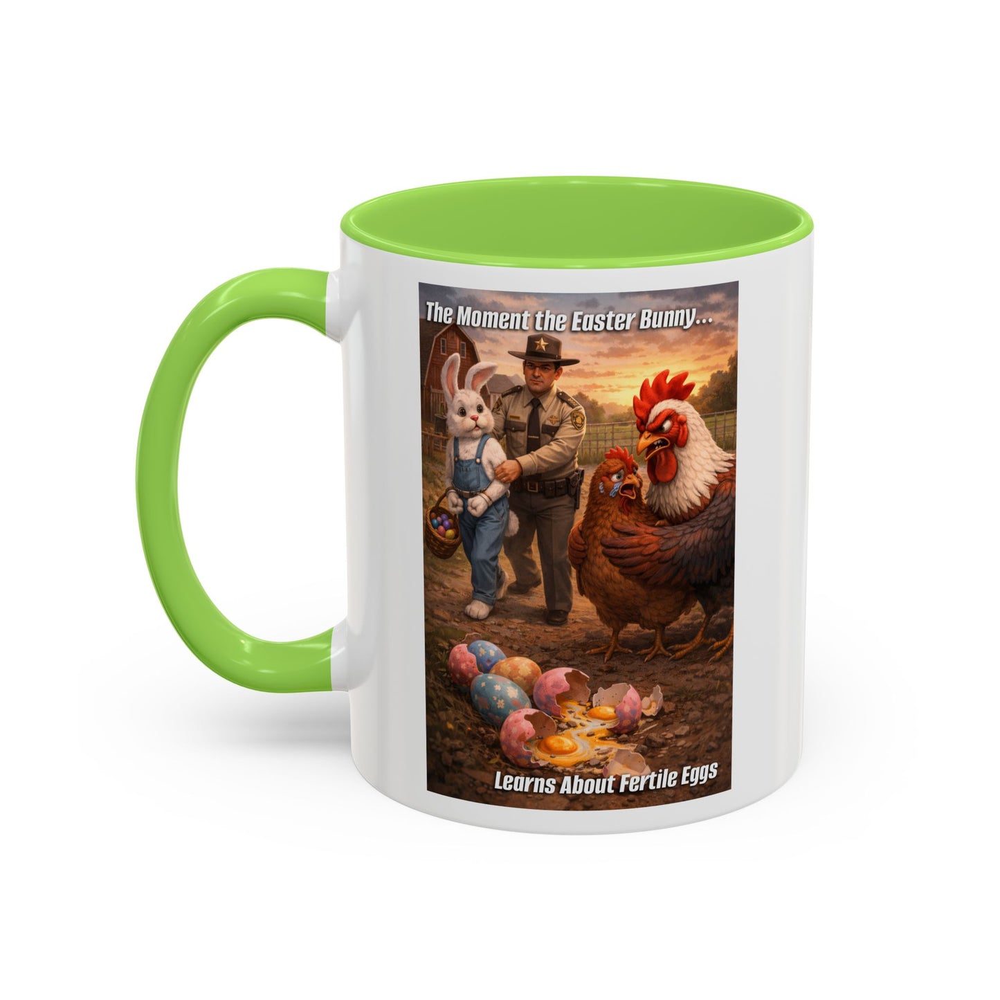 Easter Humor Mug — “The Moment the Easter Bunny Learns About Fertile Eggs” Accent Coffee Cup (11oz/15oz)