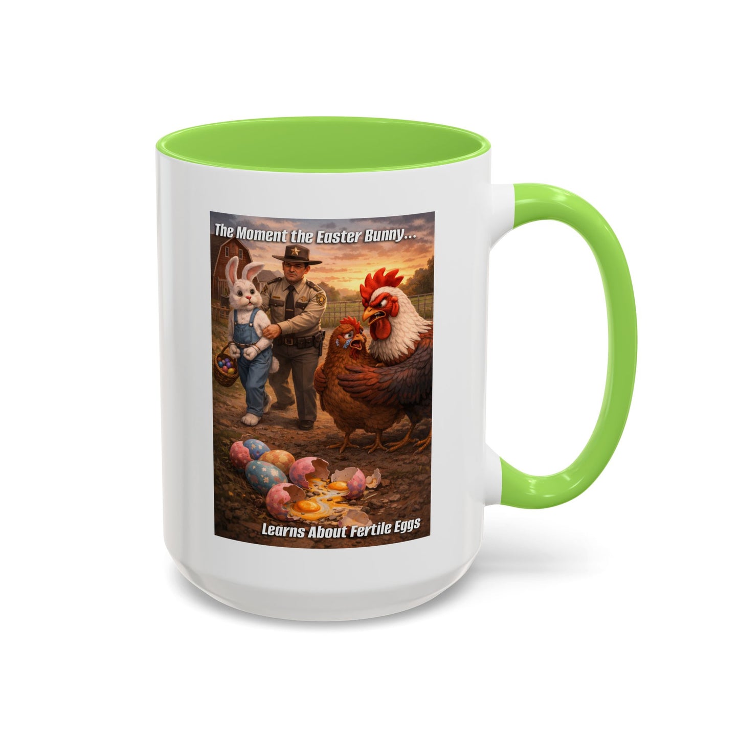 Easter Humor Mug — “The Moment the Easter Bunny Learns About Fertile Eggs” Accent Coffee Cup (11oz/15oz)